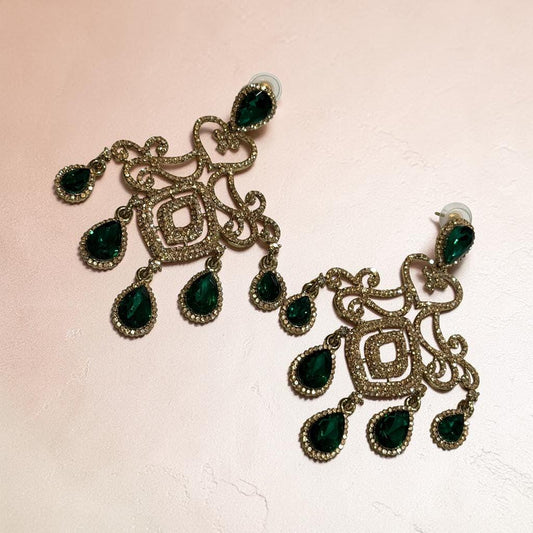 Emerald Green Statement Earrings, Gold Plated Chandelier , Green Teardrop