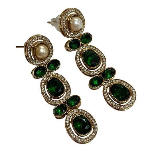 Emerald Green Drop Earrings, Gold Plated Statement Earrings, Pearl Dangle