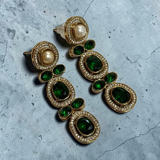 Emerald Green Drop Earrings, Gold Plated Statement Earrings, Pearl Dangle