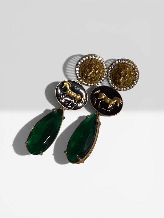 Emerald Green Drop Earrings, Horse Coin Statement Earrings, Gold Plated Dangle