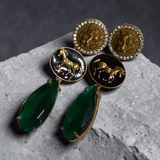Emerald Green Drop Earrings, Horse Coin Statement Earrings, Gold Plated Dangle
