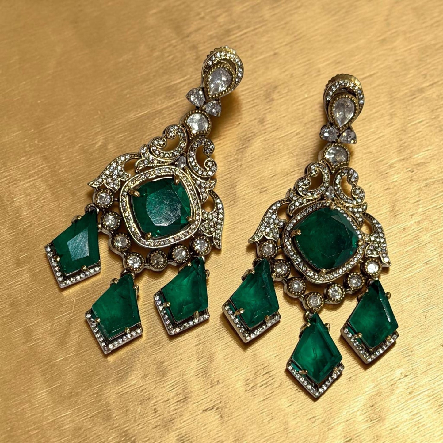 Emerald Green Statement Earrings, Gold Plated Chandelier Earrings