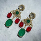 Gold Plated Floral Drop Earrings, Red Green Statement Earrings