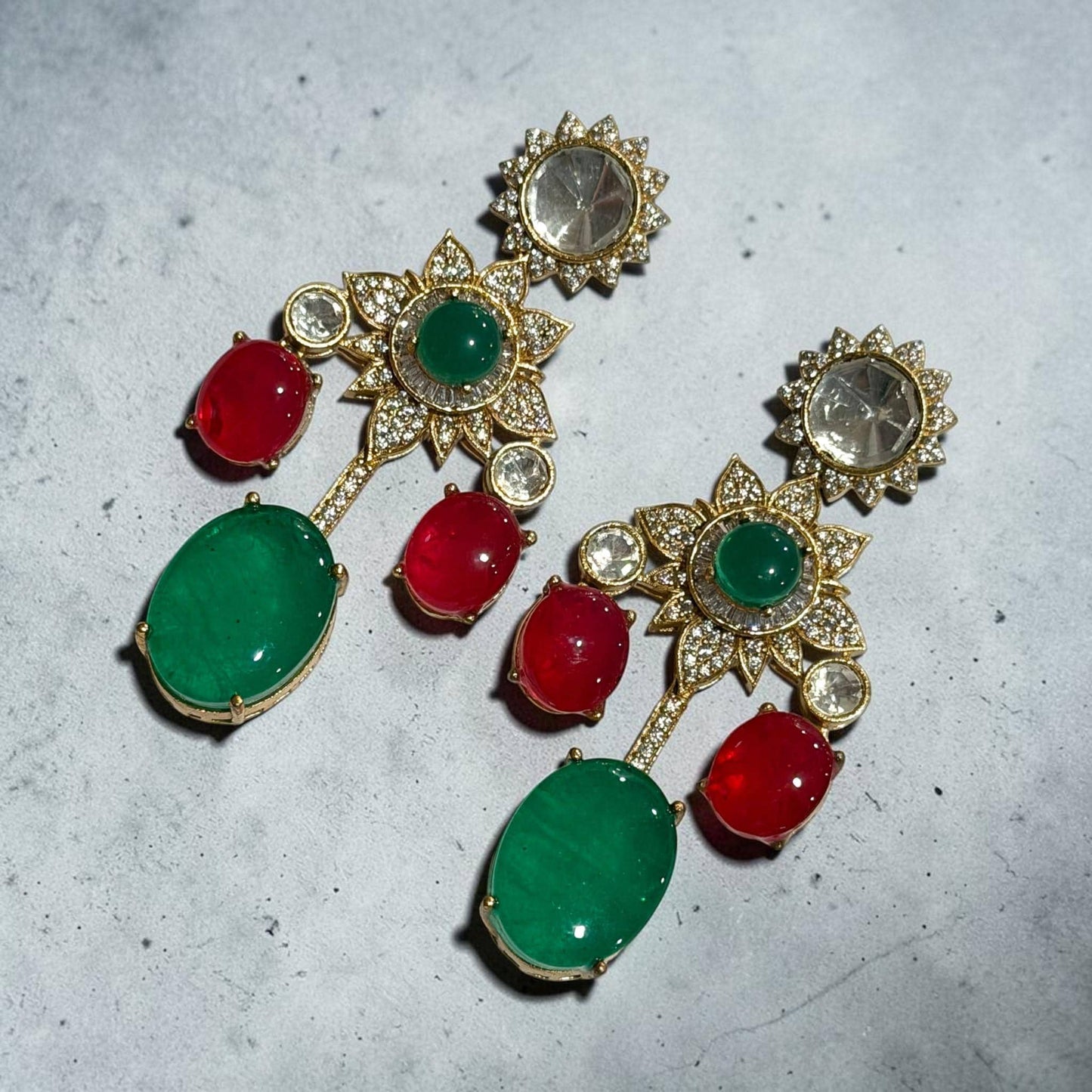 Gold Plated Floral Drop Earrings, Red Green Statement Earrings