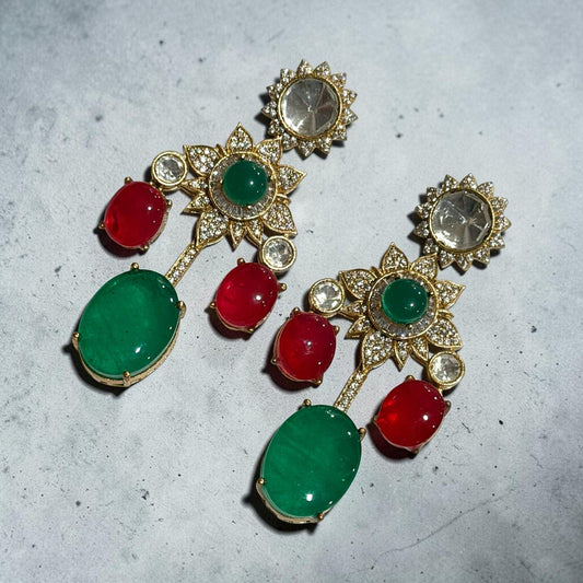 Gold Plated Floral Drop Earrings, Red Green Statement Earrings