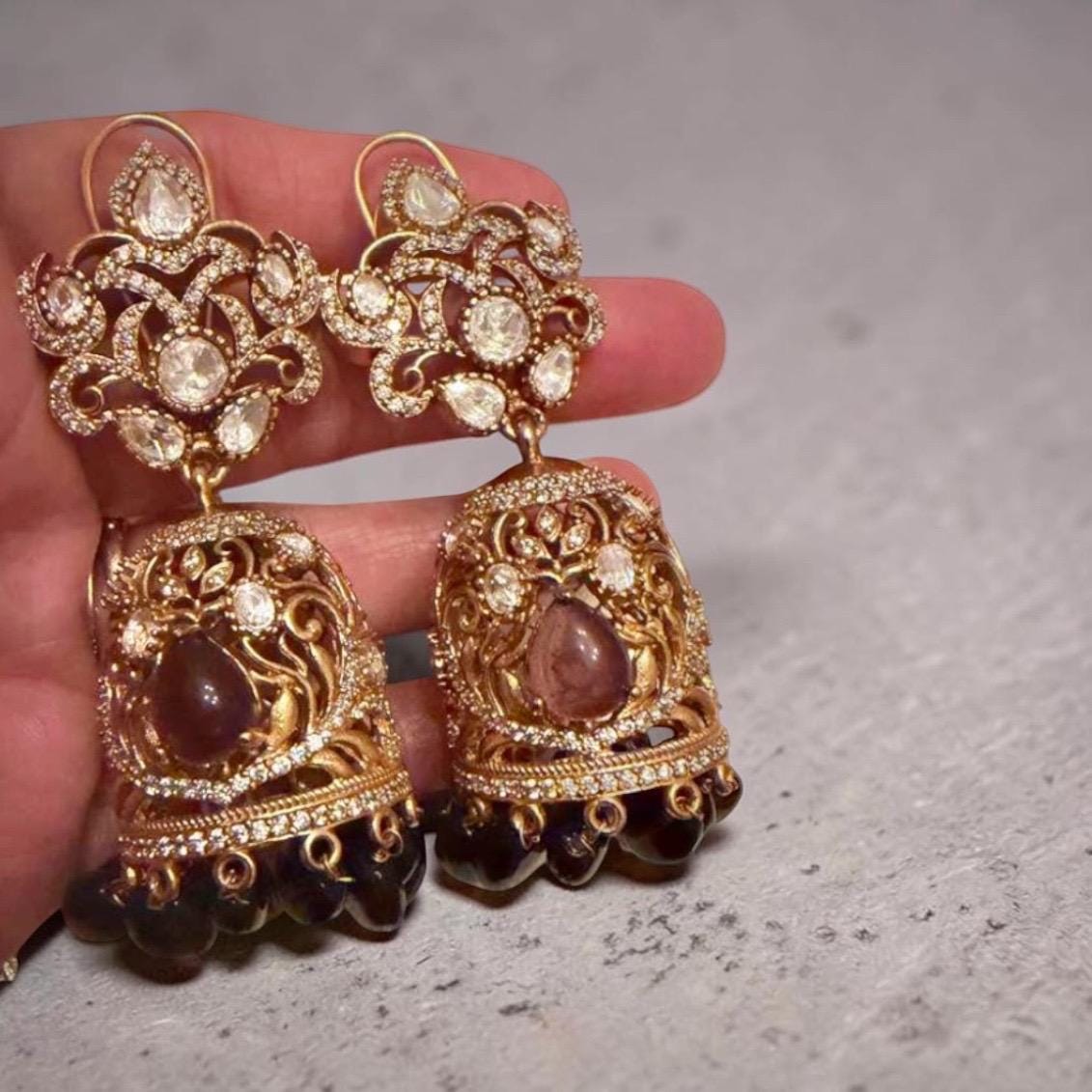 Jhumka Earrings, Gold Plated Statement Jhumkas, Kundan Style Earrings