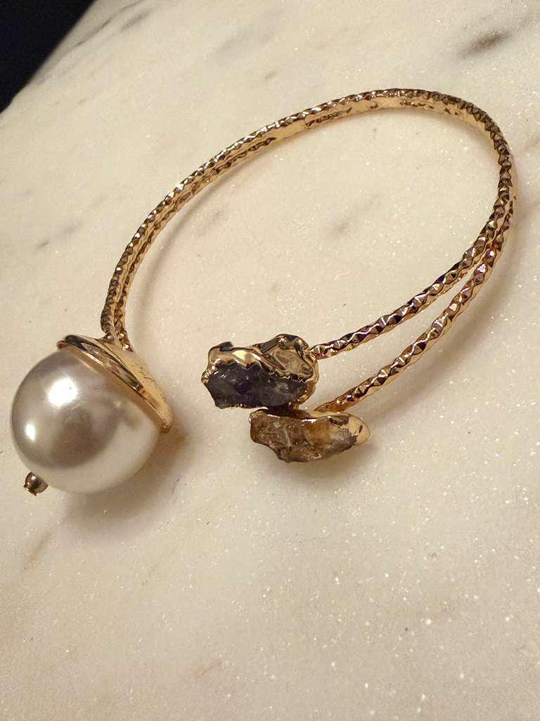 Gold Plated Pearl Cuff Bracelet, Adjustable Open Bracelet, Minimalist Statement pearl natural stone