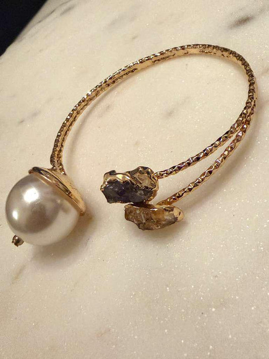 Gold Plated Pearl Cuff Bracelet, Adjustable Open Bracelet, Minimalist Statement pearl natural stone