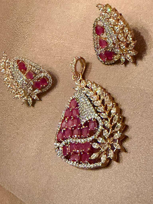 Gold Plated Ruby Pendant Set, CZ Pendant Necklace with Stud Earrings