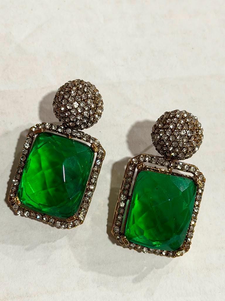 Emerald Green Statement Earrings, Gold Plated Rectangle Drop Earrings, Designer Cocktail