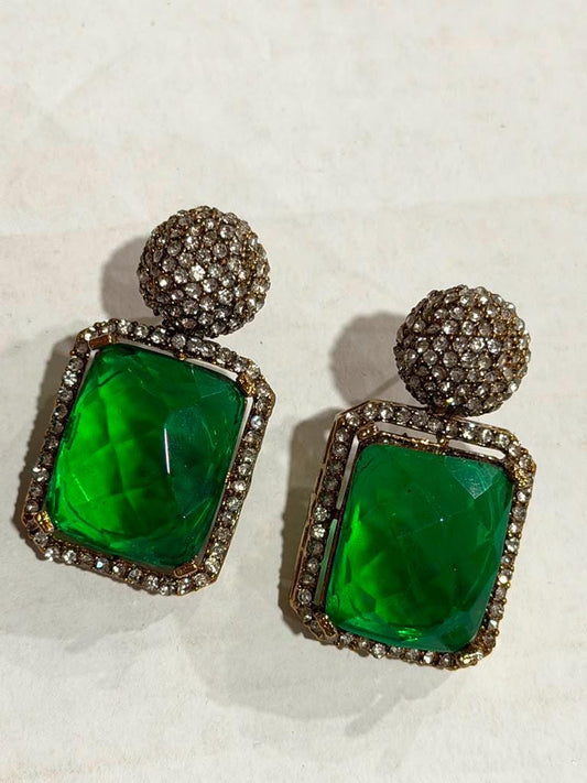 Emerald Green Statement Earrings, Gold Plated Rectangle Drop Earrings, Designer Cocktail