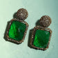 Emerald Green Statement Earrings, Gold Plated Rectangle Drop Earrings, Designer Cocktail