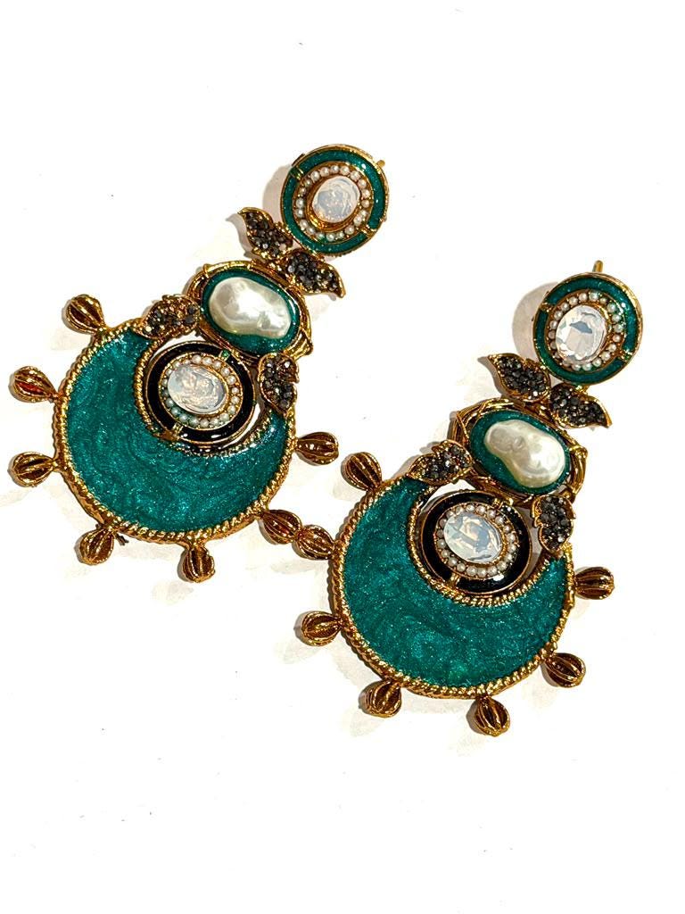 Teal Statement Earrings, Gold Plated Enamel Drop Earrings, Baroque Pearl
