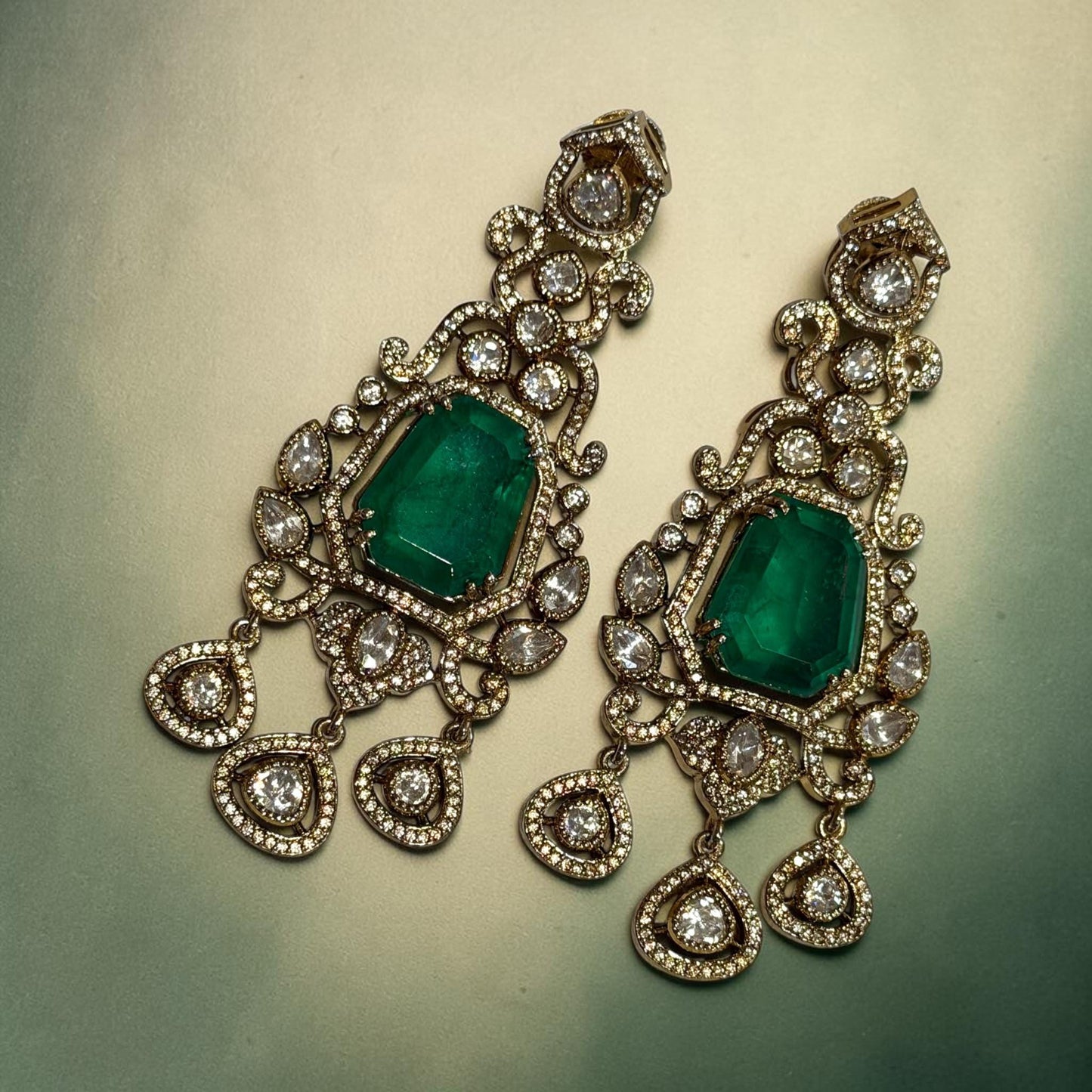 Emerald Green Statement Earrings, Gold Plated Chandelier Earrings