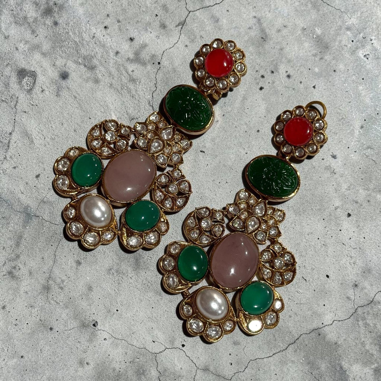 Multicolor Statement Earrings, Gold Plated Floral Drop Earrings, Pearl Design