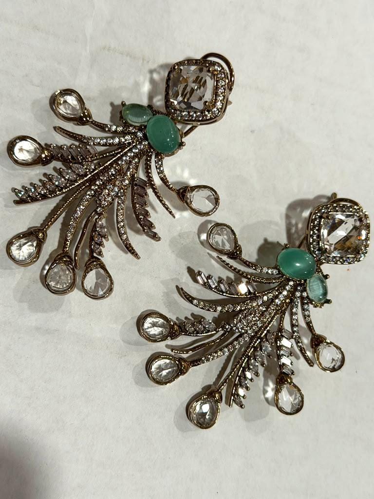 Art Deco Statement Earrings, Gold Plated CZ Drop Earrings, Mint Green Design