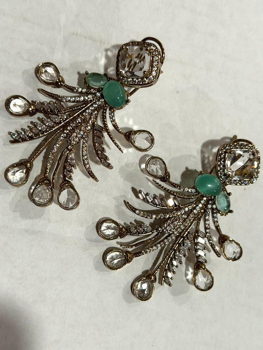 Art Deco Statement Earrings, Gold Plated CZ Drop Earrings, Mint Green Design