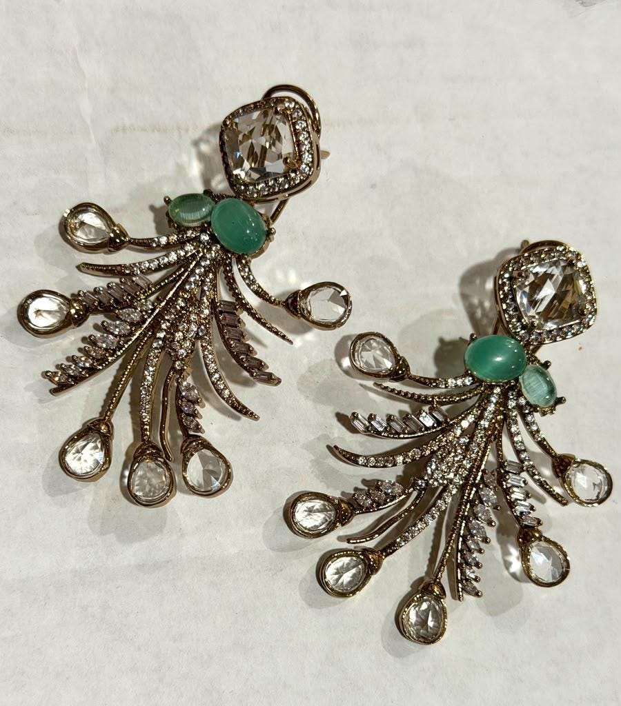 Art Deco Statement Earrings, Gold Plated CZ Drop Earrings, Mint Green Design