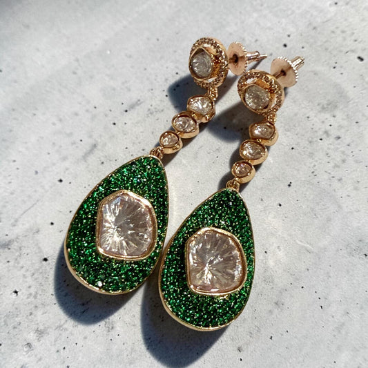 Green Druzy Teardrop Earrings, Gold Plated Statement Drop Earrings