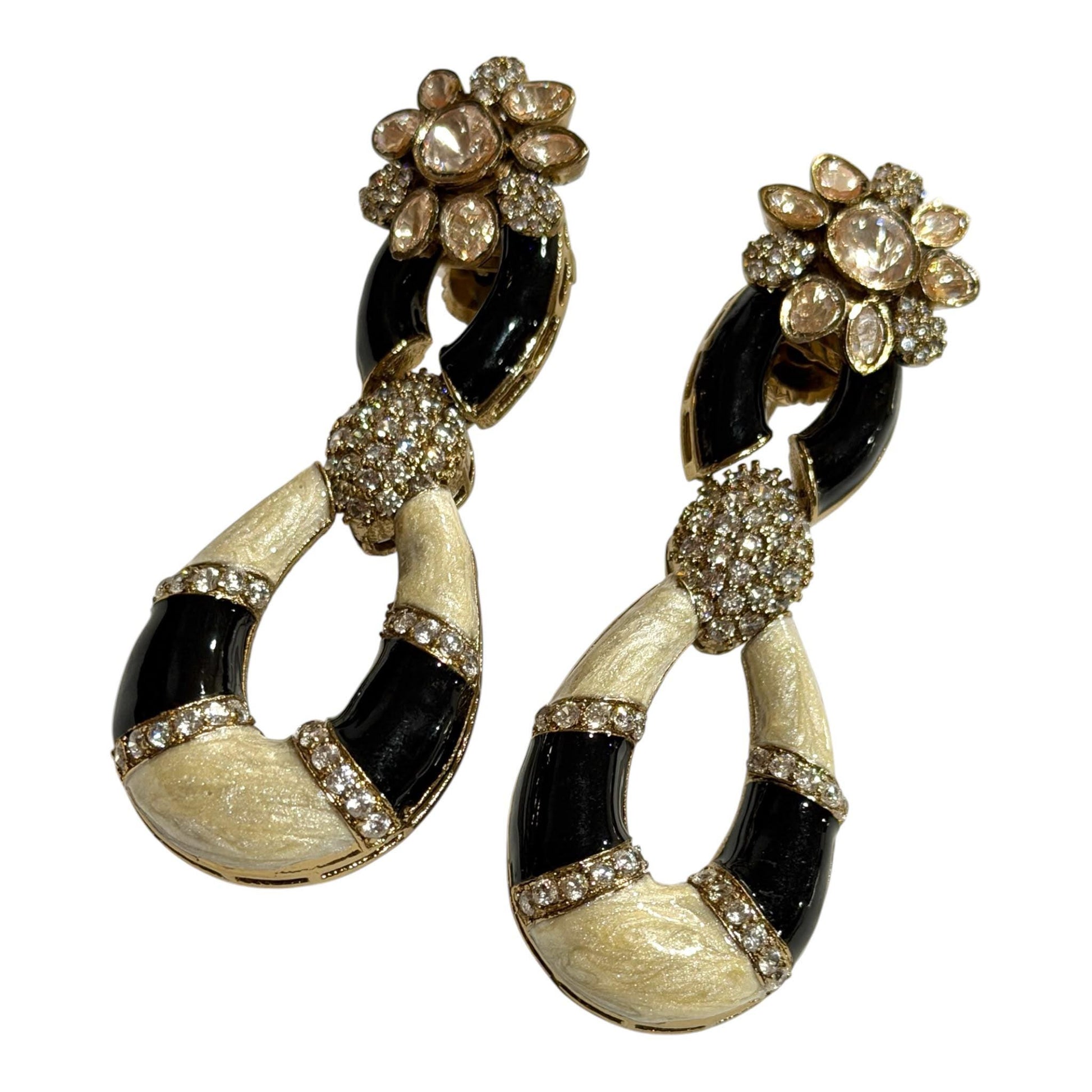 Black Enamel Statement Earrings, Gold Plated Hoop Drop Earrings