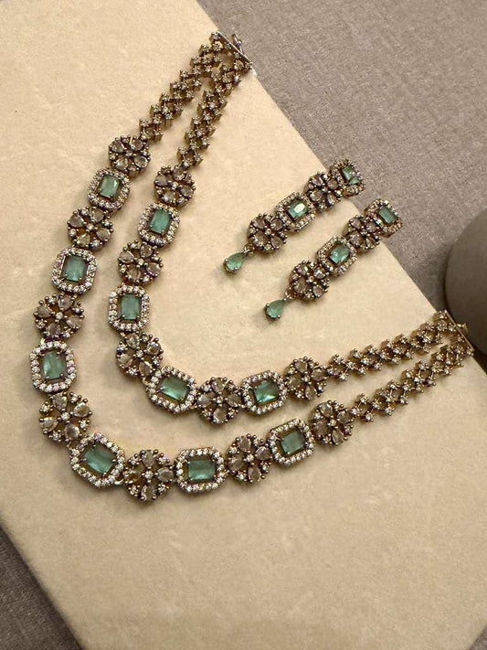 Gold Plated Emerald Green Necklace Set, Floral Statement Jewelry Set,