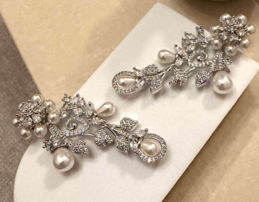 Silver Tone Pearl Drop Earrings, Cubic Zirconia Statement Earrings