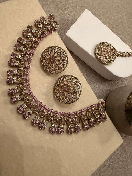 Gold Plated Pink Choker Necklace , Floral Bridal Jewelry Set with Tikka, Traditional Wedding Jewelry