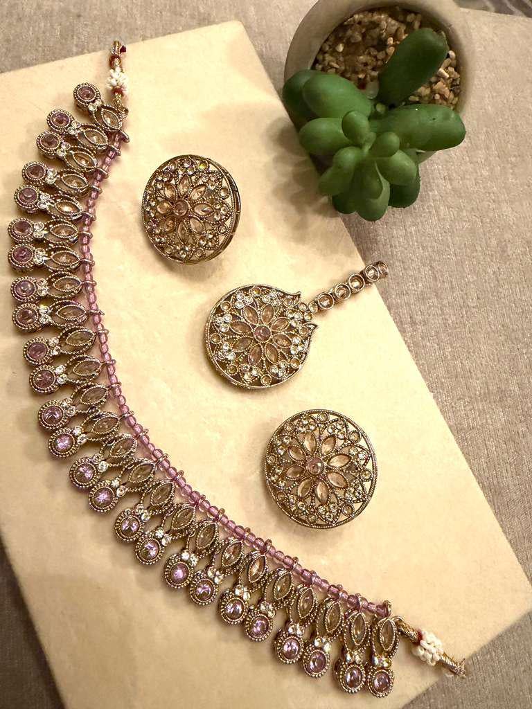 Gold Plated Pink Choker Necklace , Floral Bridal Jewelry Set with Tikka, Traditional Wedding Jewelry
