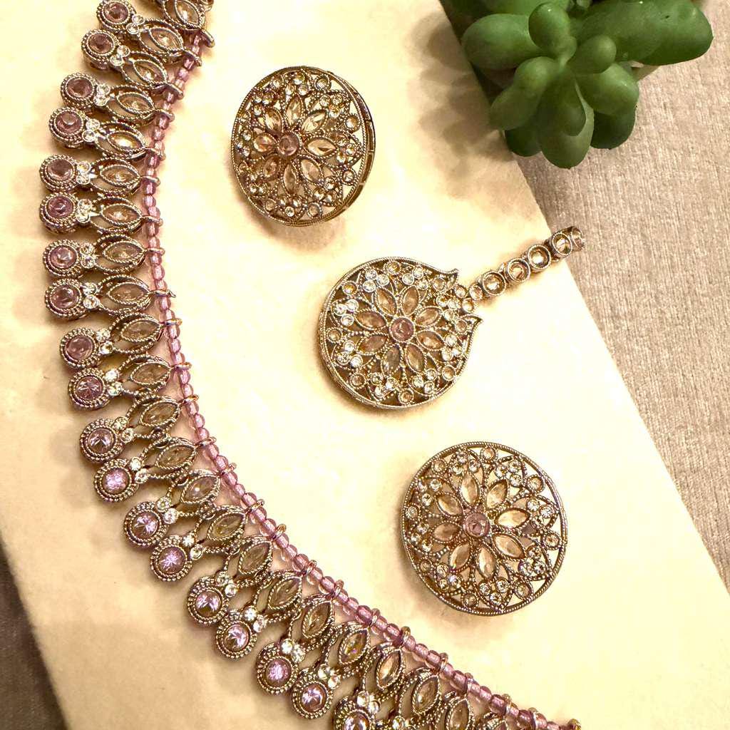 Gold Plated Pink Choker Necklace , Floral Bridal Jewelry Set with Tikka, Traditional Wedding Jewelry