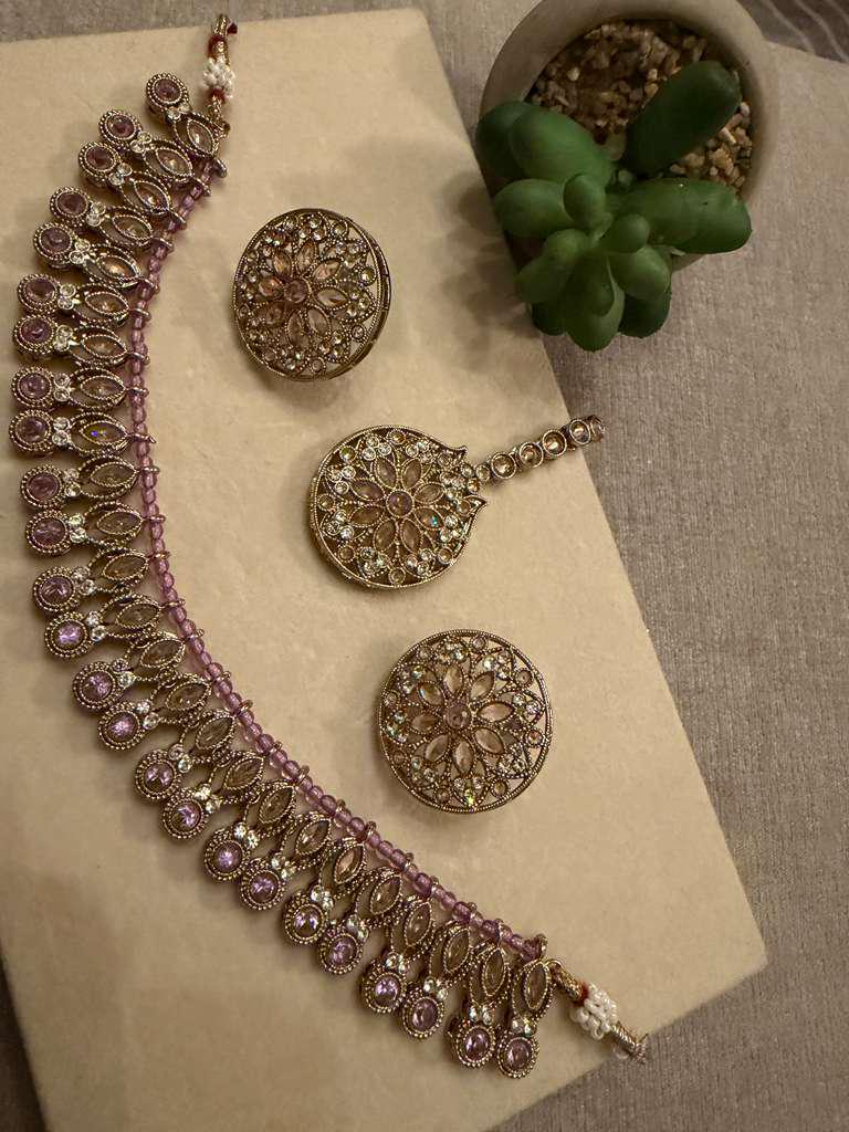 Gold Plated Pink Choker Necklace , Floral Bridal Jewelry Set with Tikka, Traditional Wedding Jewelry