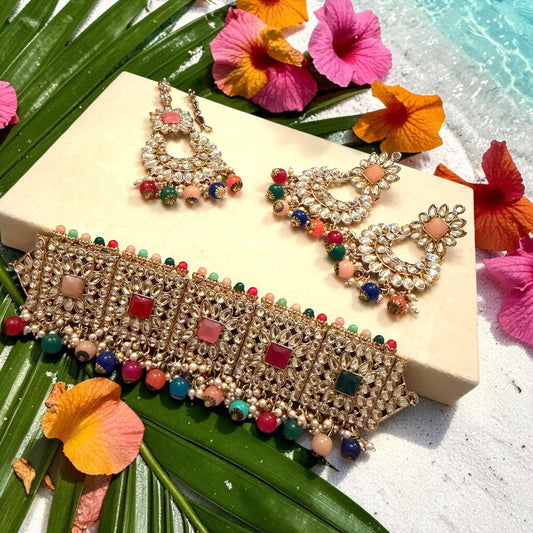 Gold Plated Multicolor Bridal Choker Set, Kundan Choker Necklace with Earrings & Maang Tikka