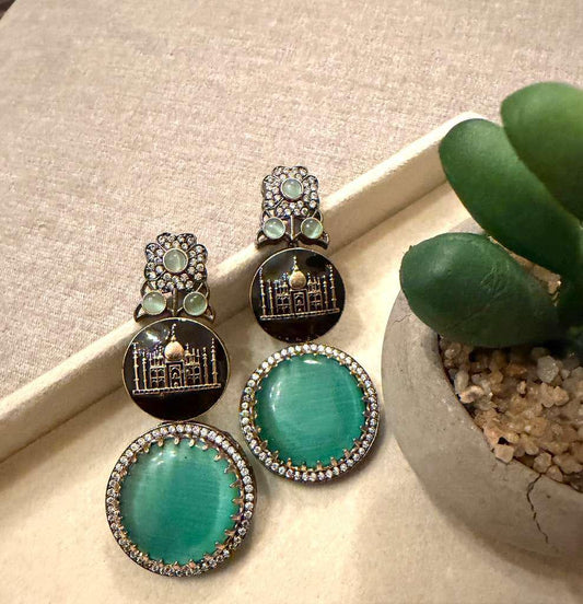 Gold Plated Taj Mahal Statement Earrings, Green Gemstone Earrings