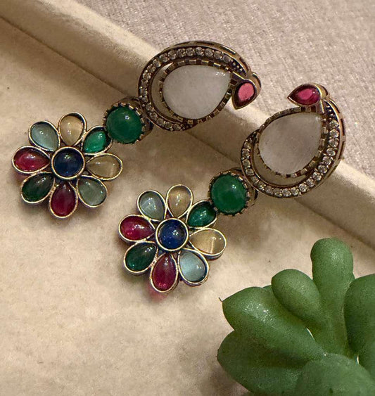 Gold Plated Floral Kundan Style Earrings, Multicolor Statement Earrings