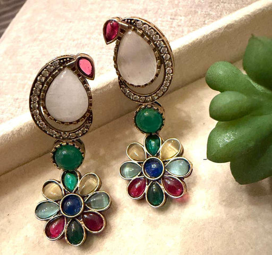 Gold Plated Floral Kundan Style Earrings, Multicolor Statement Earrings
