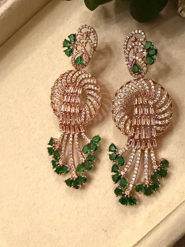 Gold Plated Emerald Green Statement Earrings, CZ Dangle Earrings