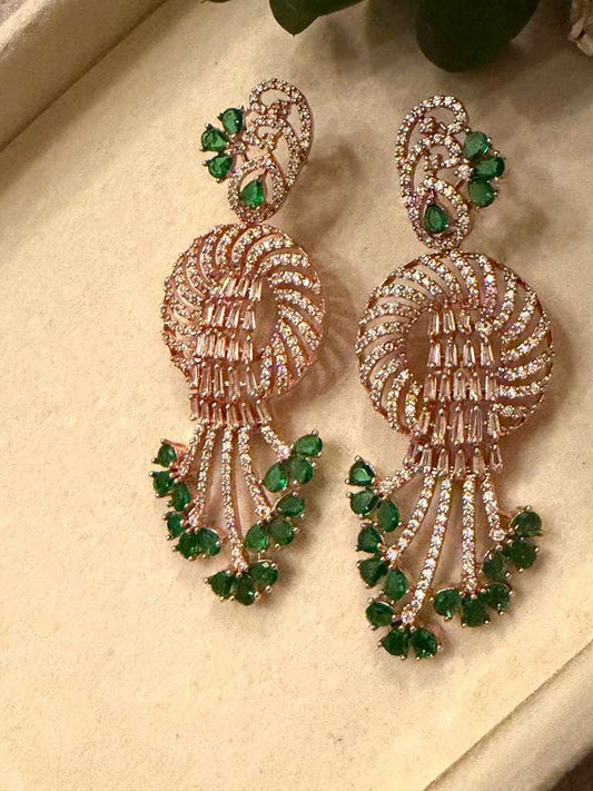 Gold Plated Emerald Green Statement Earrings, CZ Dangle Earrings