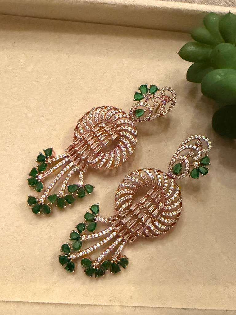 Gold Plated Emerald Green Statement Earrings, CZ Dangle Earrings