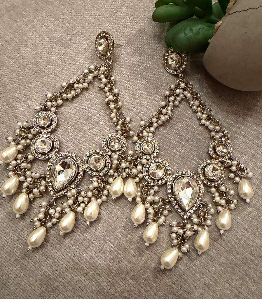 Gold Plated Kundan Style Pearl Chandbali Earrings, Statement Bridal Earrings