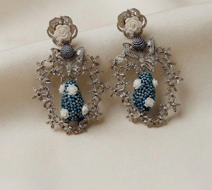 Peacock Statement Earrings, Blue Bird Floral Dangle Earrings, Silver Tone Vintage Jewelry