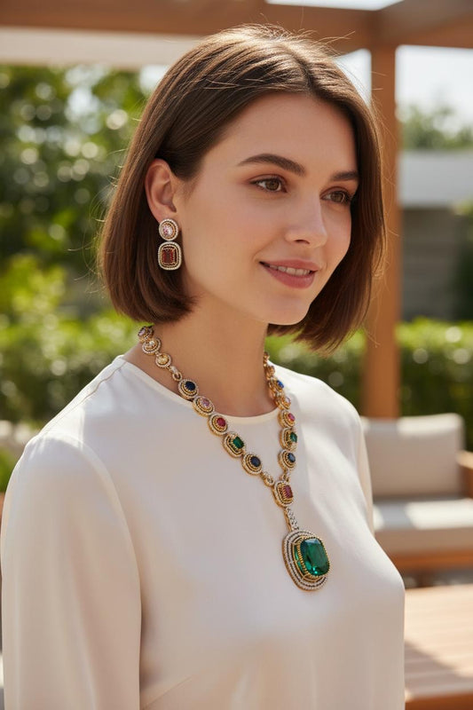Statement Pendant Necklace Set with Earrings, Luxury high end Bridal Jewelry