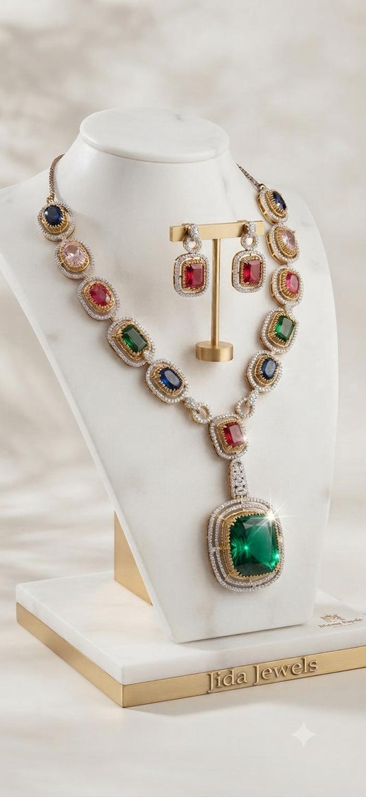 Statement Pendant Necklace Set with Earrings, Luxury high end Bridal Jewelry