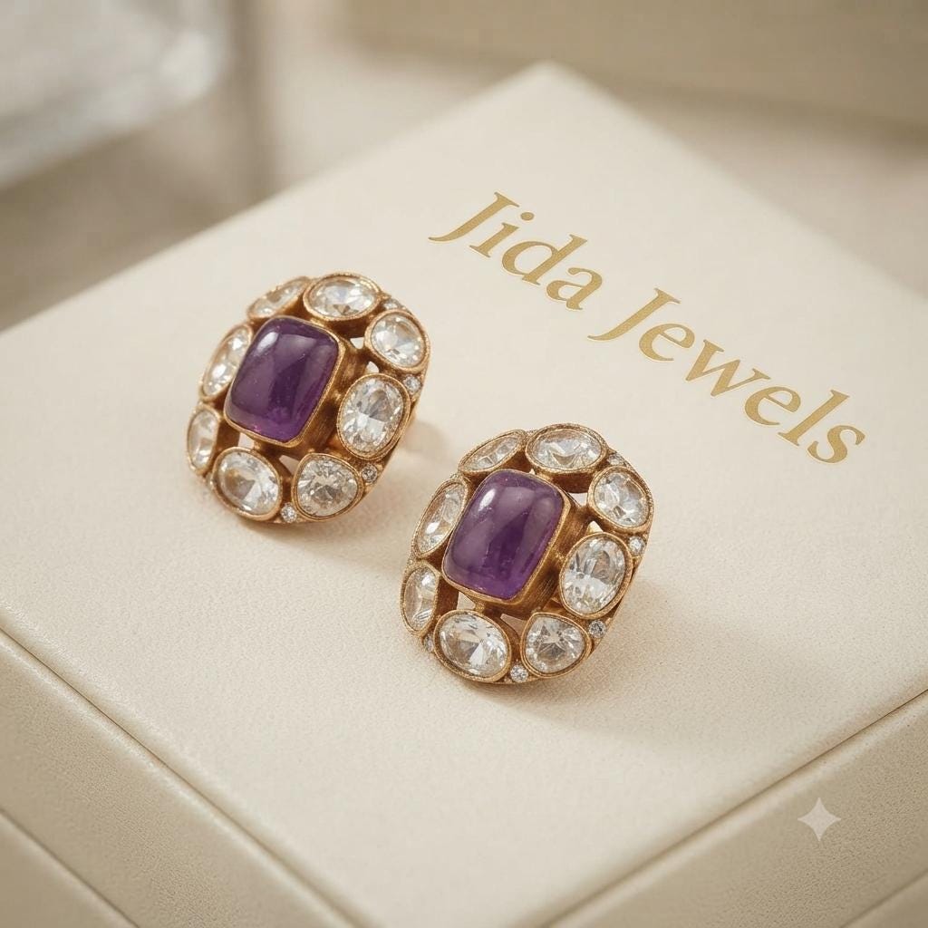 Kundan Stud Earrings, Gold Plated Statement Earrings