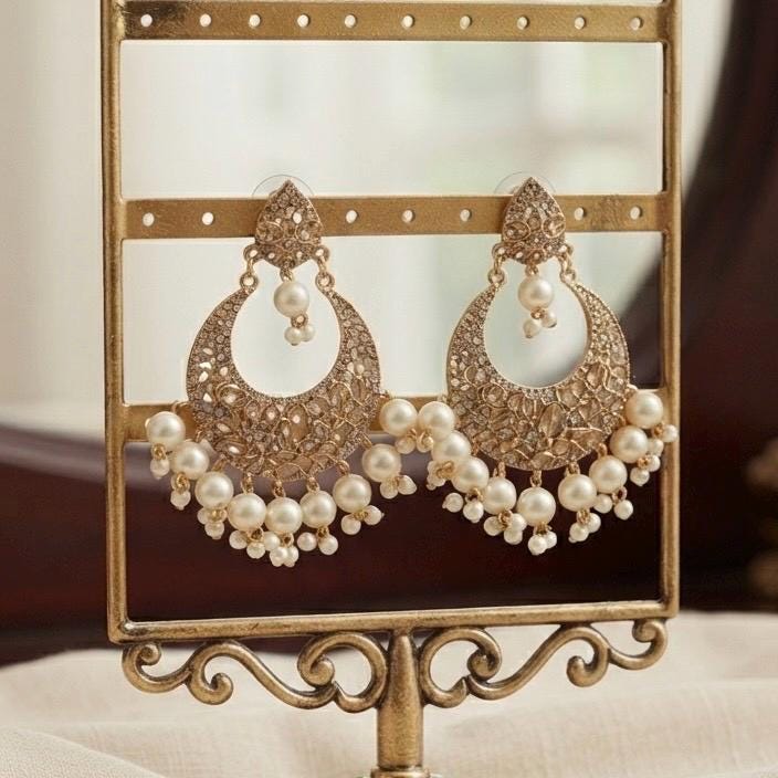 Pearl Hoop Chandelier Earrings, Rose Gold Tone Statement Earrings