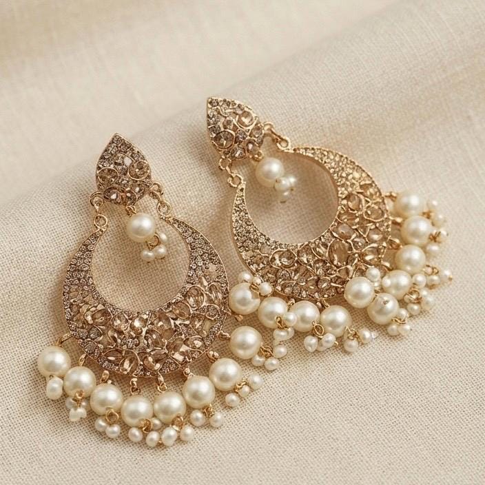 Pearl Hoop Chandelier Earrings, Rose Gold Tone Statement Earrings