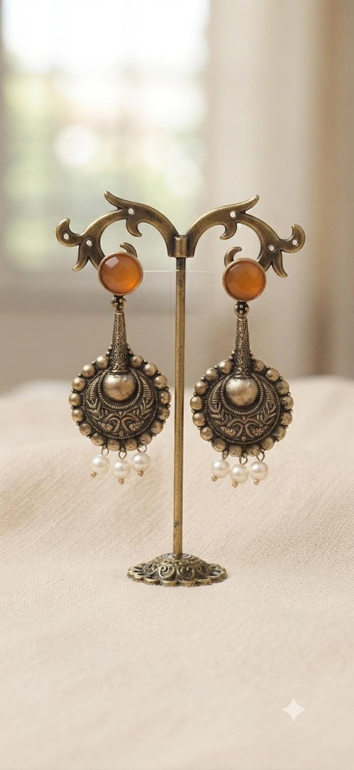 Vintage Tribal Drop Earrings, Silver Tone Pearl Dangle Earrings