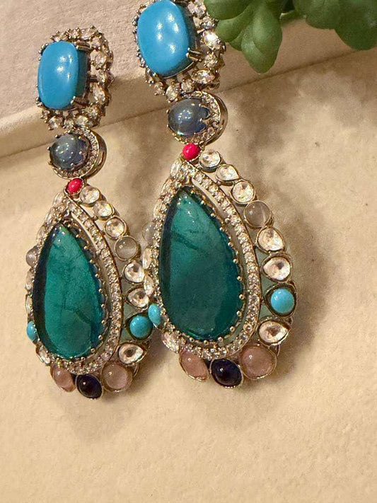 Gold Plated Turquoise Statement Earrings, Kundan Style Drop Earrings