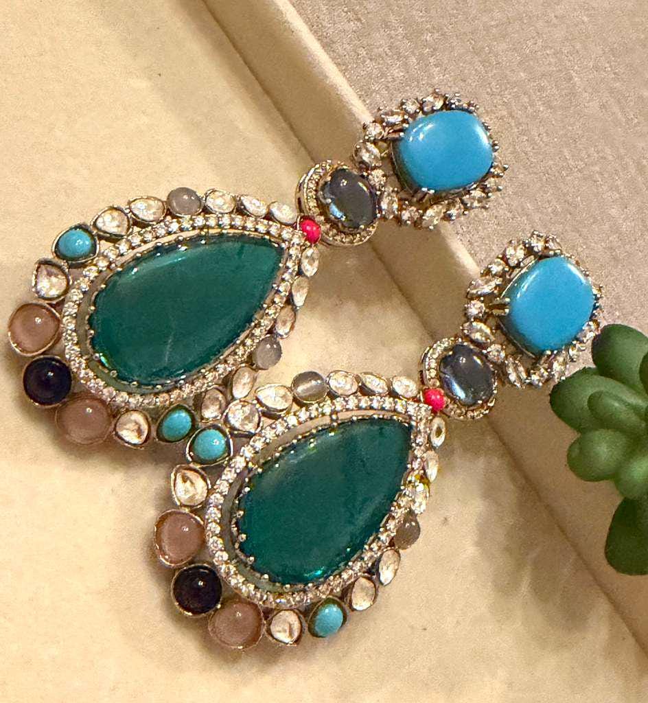 Gold Plated Turquoise Statement Earrings, Kundan Style Drop Earrings
