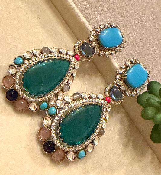 Gold Plated Turquoise Statement Earrings, Kundan Style Drop Earrings