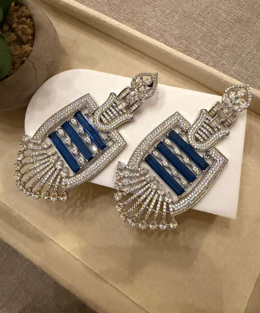 Gold Plated Sapphire Blue Statement Earrings, CZ Geometric Drop Earrings