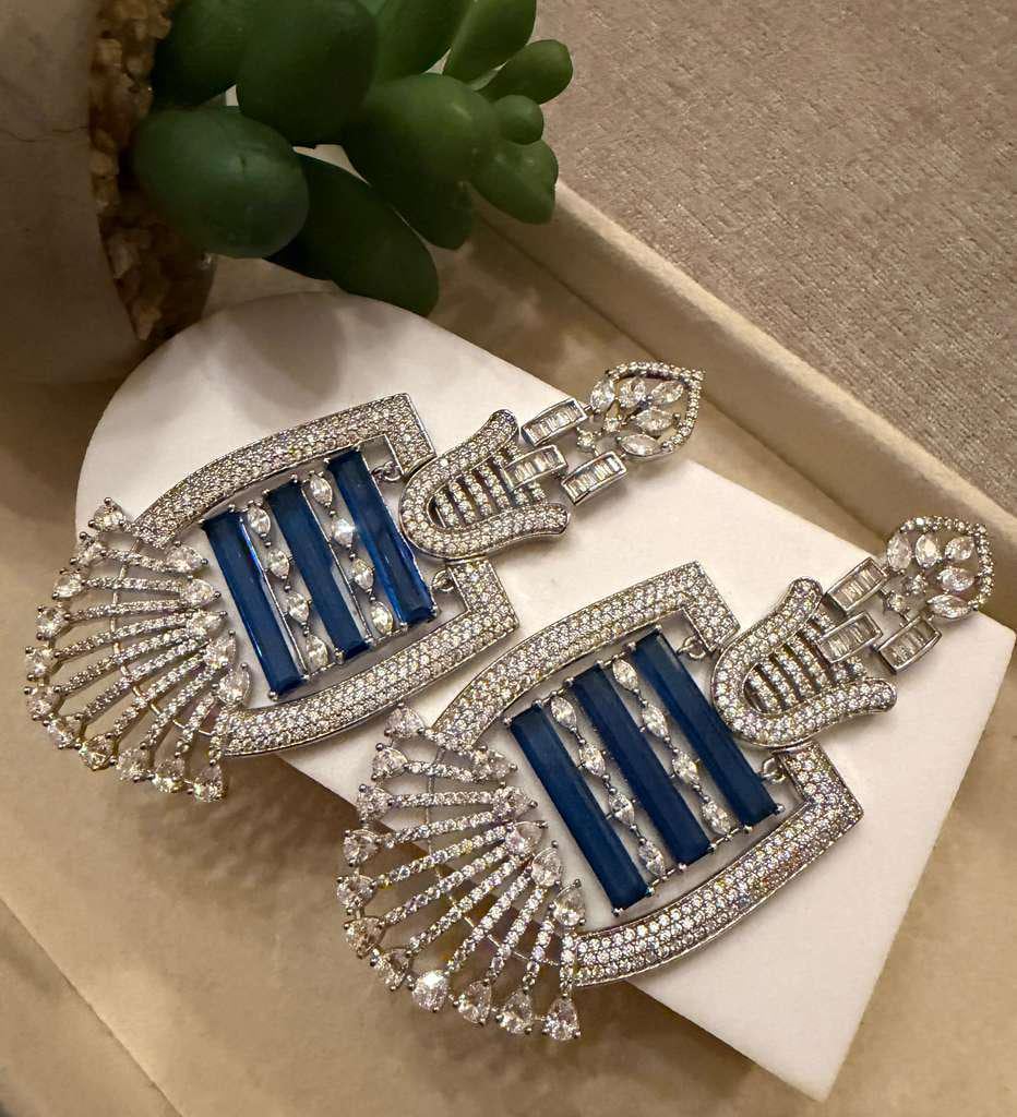 Gold Plated Sapphire Blue Statement Earrings, CZ Geometric Drop Earrings